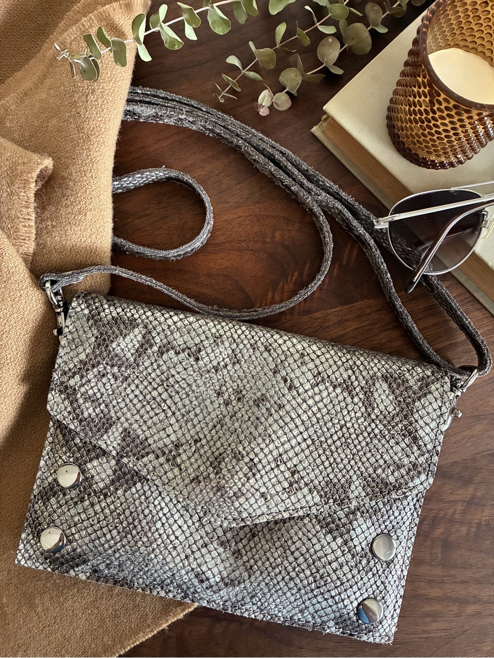Hammitt Metallic Snake Print Convertible Wallet Crossbody Clutch w/ Silver Studs